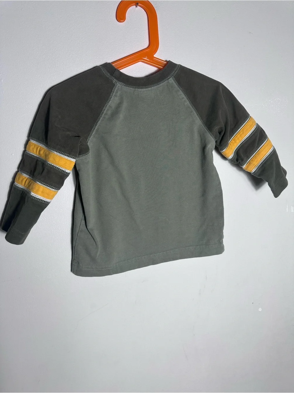 Vintage Cherokee Olive Long-Sleeve Tee with Raccoon Graphic & Yellow Stripes